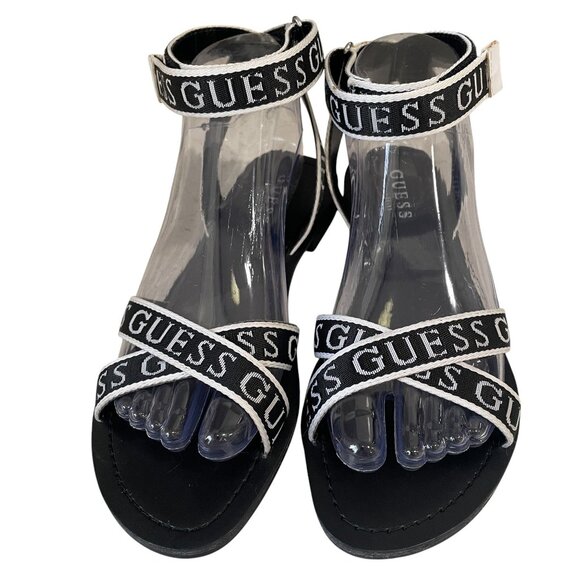 Guess Black White Logo Ankle Strap Flat Sandals Casual Summer Trendy Size 7M - Picture 6 of 13